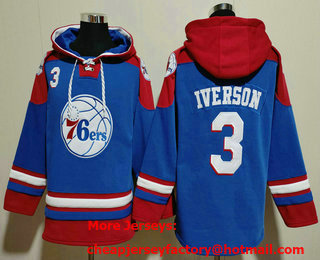 Men's Philadelphia 76ers #3 Allen Iverson Blue Ageless Must Have Lace Up Pullover Hoodie