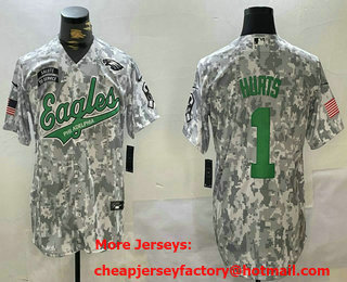 Men's Philadelphia Eagles #1 Jalen Hurts Arctic Camo 2024 Salute to Service Stitched Baseball Jersey