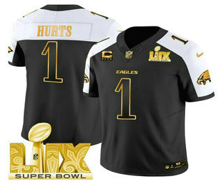 Men's Philadelphia Eagles #1 Jalen Hurts Black Gold 2025 Super Bowl LIX FUSE Vapor Limited Stitched Jersey