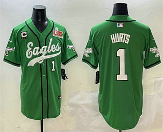 Men's Philadelphia Eagles #1 Jalen Hurts Green C Patch 2025 Super Bowl LIX Stitched Baseball Jersey