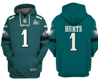Men's Philadelphia Eagles #1 Jalen Hurts Green Super Bowl LVII Patch Pullover Hoodie