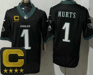 Men's Philadelphia Eagles #1 Jalen Hurts Limited Black Captain Patch FUSE Vapor Jersey