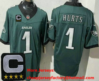 Men's Philadelphia Eagles #1 Jalen Hurts Limited Midnight Green C Patch FUSE Vapor Jersey