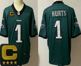 Men's Philadelphia Eagles #1 Jalen Hurts Limited Midnight Green Captain Patch Vapor Jersey