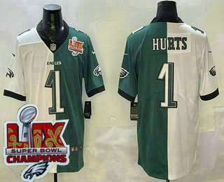 Men's Philadelphia Eagles #1 Jalen Hurts Limited White Green Split Super Bowl LIX Champions Vapor Jersey