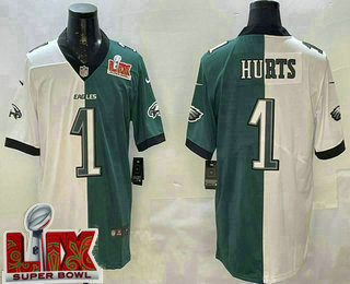 Men's Philadelphia Eagles #1 Jalen Hurts Limited White Green Split Super Bowl LIX Vapor Jersey