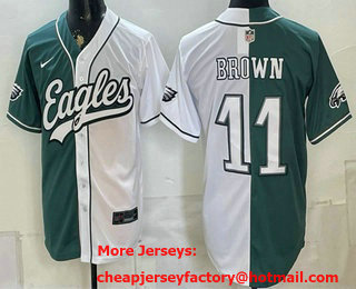 Men's Philadelphia Eagles #11 AJ Brown Green White Split Stitched Jersey