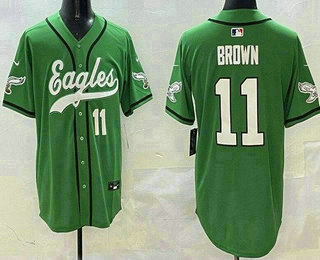 Men's Philadelphia Eagles #11 AJ Brown Limited Kelly Green Fashion Baseball Jersey