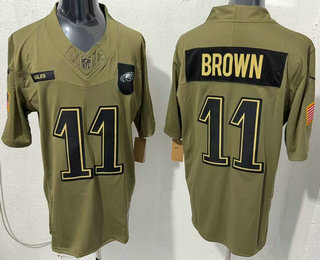 Men's Philadelphia Eagles #11 AJ Brown Olive 2025 FUSE Salute to Service Limited Jersey