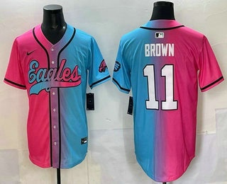 Men's Philadelphia Eagles #11 AJ Brown Pink Blue Split Limited Baseball Jersey