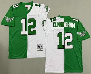 Men's Philadelphia Eagles #12 Randall Cunningham Green White Split 1990 Throwback Jersey