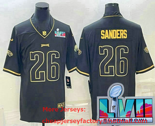 Men's Philadelphia Eagles #26 Miles Sanders Black Golden Super Bowl LVII Patch Edition Stitched Football Jersey