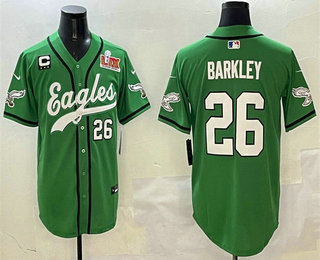 Men's Philadelphia Eagles #26 Saquon Barkley Green C Patch 2025 Super Bowl LIX Stitched Baseball Jersey