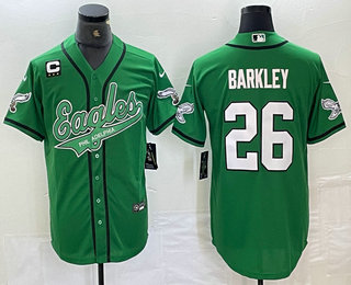 Men's Philadelphia Eagles #26 Saquon Barkley Green White With C Patch Cool Base Baseball Stitched Jersey 01