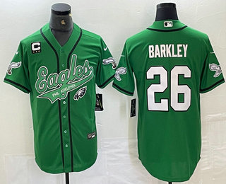 Men's Philadelphia Eagles #26 Saquon Barkley Green White With C Patch Cool Base Baseball Stitched Jersey 02