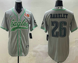 Men's Philadelphia Eagles #26 Saquon Barkley Grey 2025 Super Bowl LIX Patch Cool Base Stitched Baseball Jersey