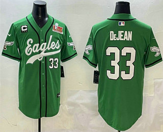 Men's Philadelphia Eagles #33 Cooper DeJean Green C Patch 2025 Super Bowl LIX Stitched Baseball Jersey