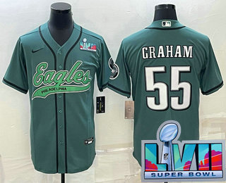 Men's Philadelphia Eagles #55 Brandon Graham Green With Super Bowl LVII Patch Cool Base Stitched Baseball Jersey
