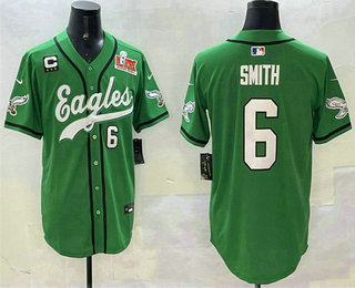 Men's Philadelphia Eagles #6 DeVonta Smith Green C Patch 2025 Super Bowl LIX Stitched Baseball Jersey