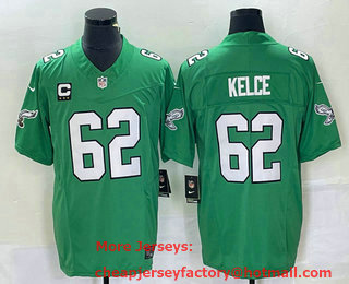 Men's Philadelphia Eagles #62 Jason Kelce Green C Patch 2023 FUSE Vapor Limited Throwback Stitched Jersey