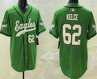 Men's Philadelphia Eagles #62 Jason Kelce Limited Kelly Green Fashion Baseball Jersey