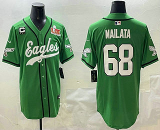 Men's Philadelphia Eagles #68 Jordan Mailata Green C Patch 2025 Super Bowl LIX Stitched Baseball Jersey