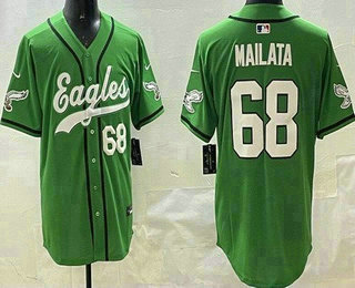 Men's Philadelphia Eagles #68 Jordan Mailata Limited Kelly Green Fashion Baseball Jersey