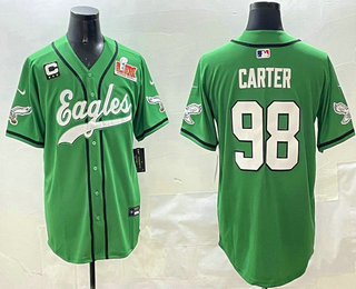 Men's Philadelphia Eagles #98 Jalen Carter Green C Patch 2025 Super Bowl LIX Stitched Baseball Jersey