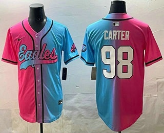 Men's Philadelphia Eagles #98 Jalen Carter Pink Blue Split Limited Baseball Jersey