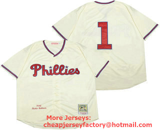 Men's Philadelphia Phillies #1 Chuck Klein 1948 Cream Throwback Stitched MLB Cooperstown Collection Jersey By Mitchell & Ness