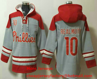 Men's Philadelphia Phillies #10 JT Realmuto Grey Ageless Must Have Lace Up Pullover Hoodie