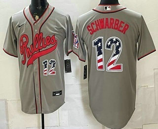 Men's Philadelphia Phillies #12 Kyle Schwarber Gray 2026 Field of Dreams USA 250 Fourth of July Stadium Stitched Jersey