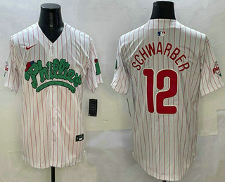 Men's Philadelphia Phillies #12 Kyle Schwarber White Pinstripe Fashion Cool Base Jersey