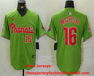 Men's Philadelphia Phillies #16 Brandon Marsh Number Green With Patch Stitched Cool Base Nike Jersey