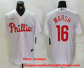 Men's Philadelphia Phillies #16 Brandon Marsh White Pinstripe Stitched Cool Base Jersey