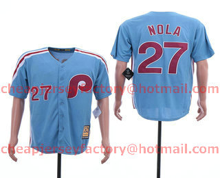 Men's Philadelphia Phillies #27 Aaron Nola Light Blue Throwback Stitched MLB Cooperstown Collection Jersey By Mitchell & Ness