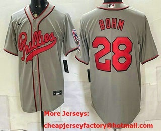 Men's Philadelphia Phillies #28 Alec Bohm Name Gray 2026 Field of Dreams Stadium Stitched Jersey