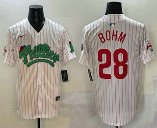 Men's Philadelphia Phillies #28 Alec Bohm White Pinstripe Fashion Cool Base Jersey