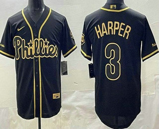 Men's Philadelphia Phillies #3 Bryce Harper Black Gold Cool Base Jersey