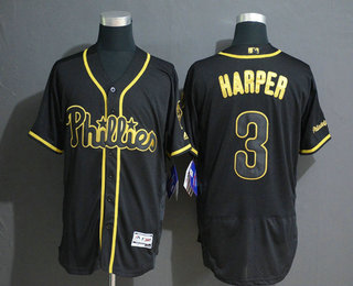 Men's Philadelphia Phillies #3 Bryce Harper Black Gold Stitched MLB Flex Base Jersey