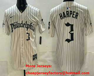 Men's Philadelphia Phillies #3 Bryce Harper Cream Pinstripe Gothic Vapor Limited Stitched Jersey