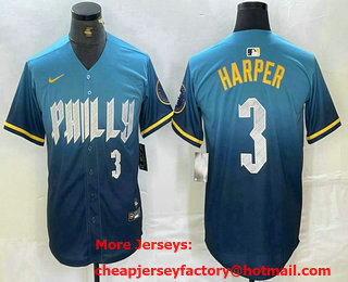 Men's Philadelphia Phillies #3 Bryce Harper Number Blue 2024 City Connect Limited Stitched Jersey 02