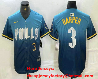 Men's Philadelphia Phillies #3 Bryce Harper Number Blue 2024 City Connect Limited Stitched Jersey 03
