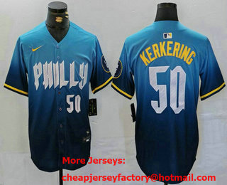 Men's Philadelphia Phillies #50 Orion Kerkering Number Blue 2024 City Connect Limited Stitched Jersey