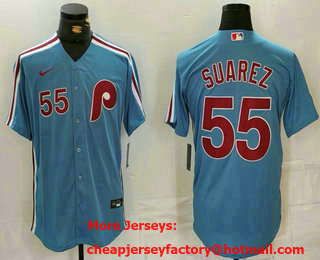 Men's Philadelphia Phillies #55 Ranger Suarez Number Light Blue Cooperstown Cool Base Jersey