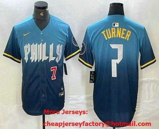 Men's Philadelphia Phillies #7 Trea Turner Number Blue 2024 City Connect Limited Stitched Jersey 01