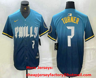 Men's Philadelphia Phillies #7 Trea Turner Number Blue 2024 City Connect Limited Stitched Jersey 03