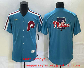 Men's Philadelphia Phillies Big Logo Blue Cooperstown Throwback Cool Base Nike Jersey