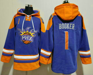 Men's Phoenix Suns #1 Devin Booker Purple Ageless Must Have Lace Up Pullover Hoodie