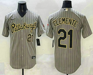 Men's Pittsburgh Pirates #21 Roberto Clemente Grey Pinstripe Stitched Cool Base Nike Jersey